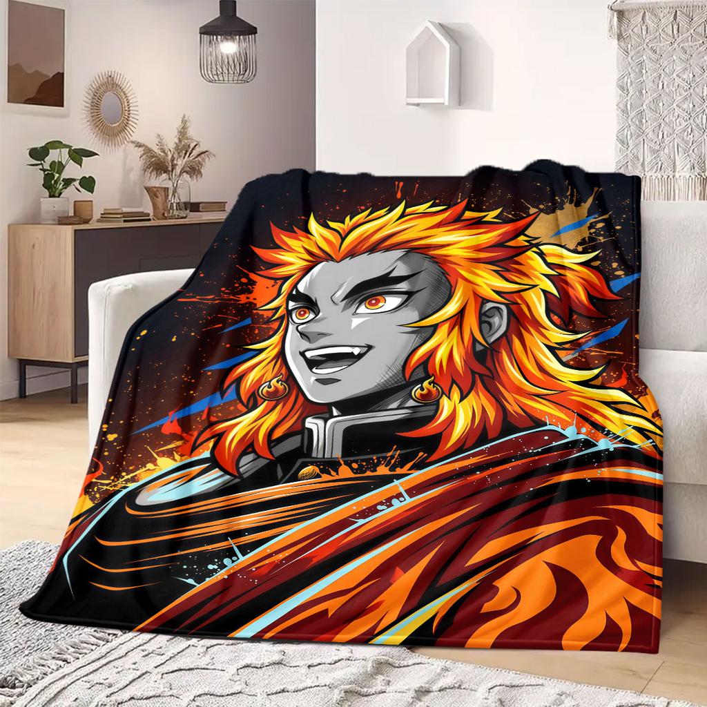 Demon Slayer Deluxe 2D Cartoon Flannel Blanket, Printed Art for Sofa, Soft Bedding for Travel Picnic Rug_LIAN