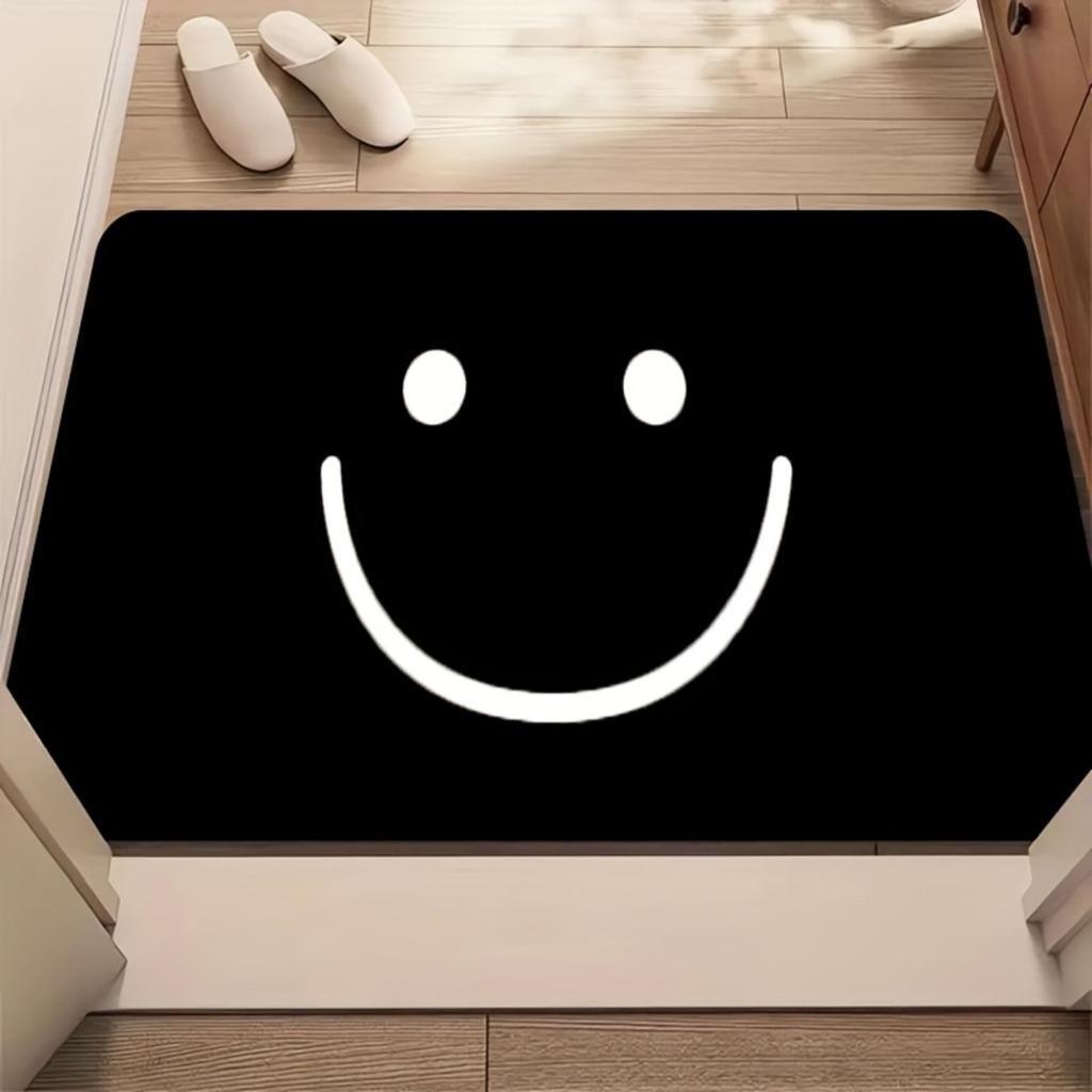 2D Flat Simple Smile Face Black Flannel Door Mat Non Slip Happy Entryway Rug for Kitchen Bathroom Home Decor