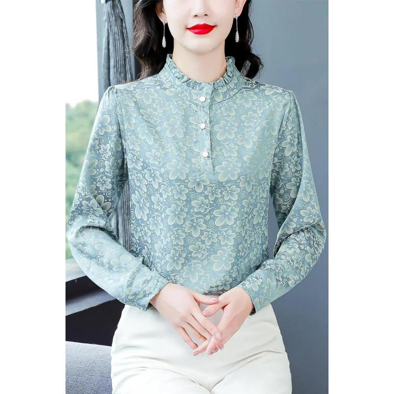 Chiffonbluse Damen Langärmlig Schwarz Ohren Stehkragen Floral Top