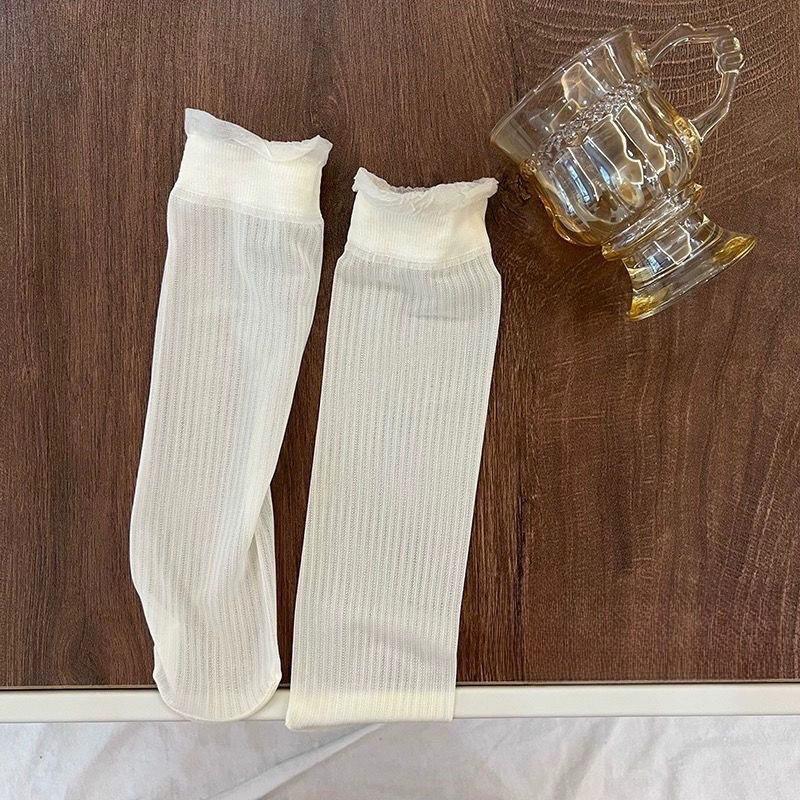 Summer Glass Fiber Polka Dot Socks, Women's Black Ear-edge Transparent Mid-calf Socks, Thin Ice Fiber Lace Crystal Short Socks, Breathable