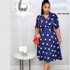 Women's African Polka Dot Dress: Mid-Sleeve, Suit Collar, Plus Size, Wide Hem & Belt