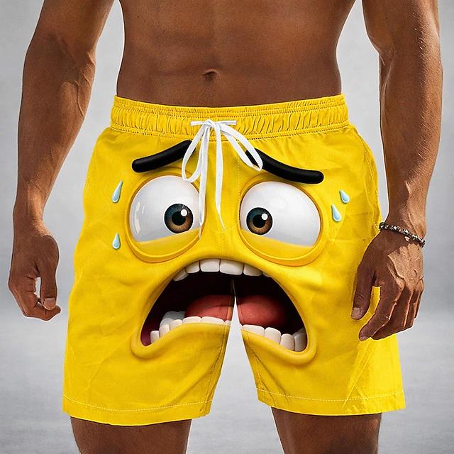 Lustiger Cartoon-Gesichtsdruck Herren Strandshorts Schnelltrocknend Atmungsaktiv Kordelzug Elastischer Bund Social Media Viraler Stil Badehose