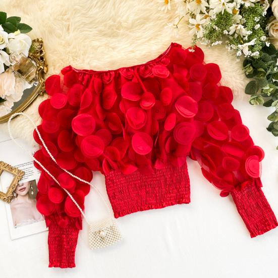 Women Tops Off Shoulder Puff Long Sleeve Elastic Waist Short Tops Perspective Mesh Yarn Casual Tops Party Daily Wear