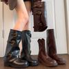 Two Pants Boots 5Cm Height-Increasing Buckle Merad Mid-Tube Western Knight Boots Women'S Stacked Short Boots