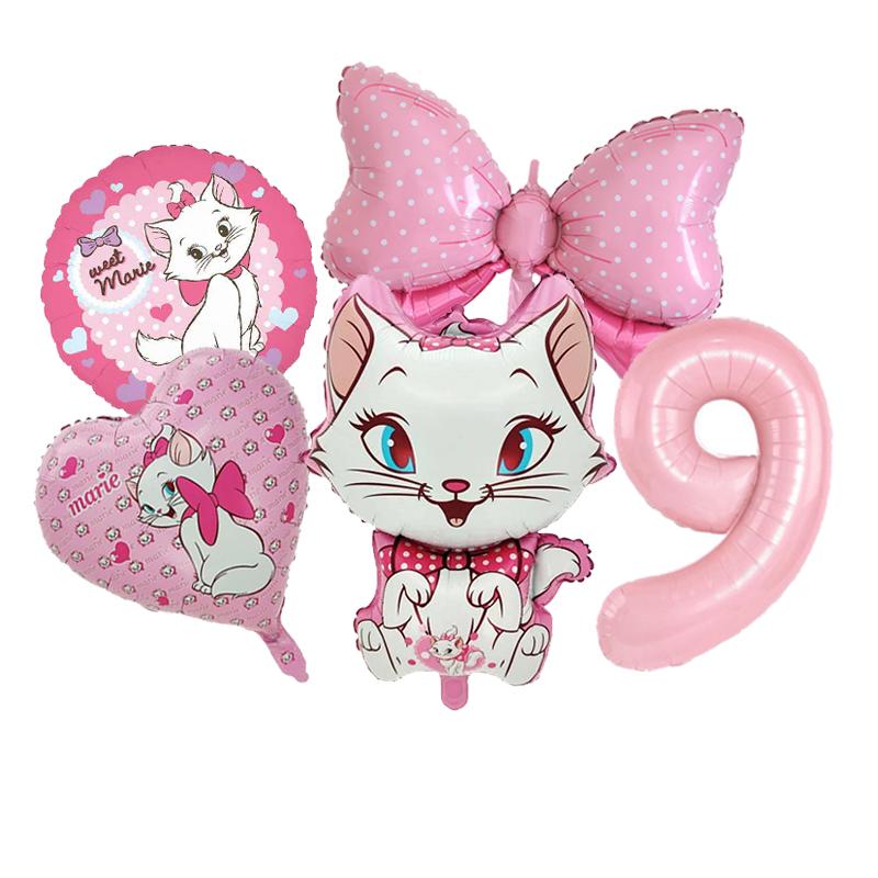 5pcs Marie Cat Bow Balloons Pink Girls Birthday Party Balloons Decoration Cartoon Marie Cat Animal Pet Balloon Baby Shower Decor