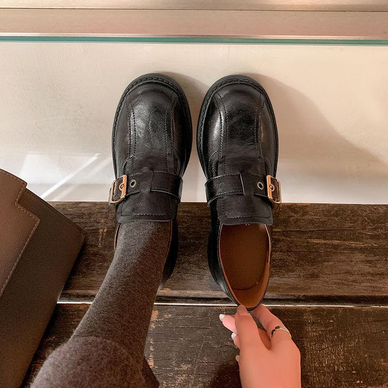 New round head thick sole leather loafers non-slip casual solid color foot cover low-top cowhide women's shoes four seasons single shoes women