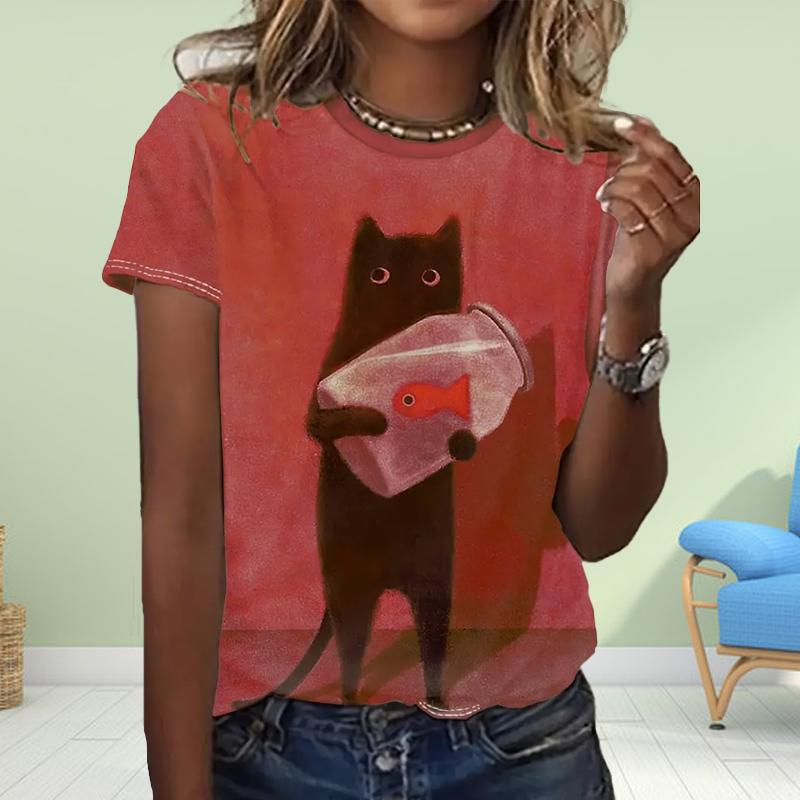 Fashion WomenMeow People Print T Shirt Funny Casual O-neck Short Sleeves T-shirt Summer Female Tee Shirt