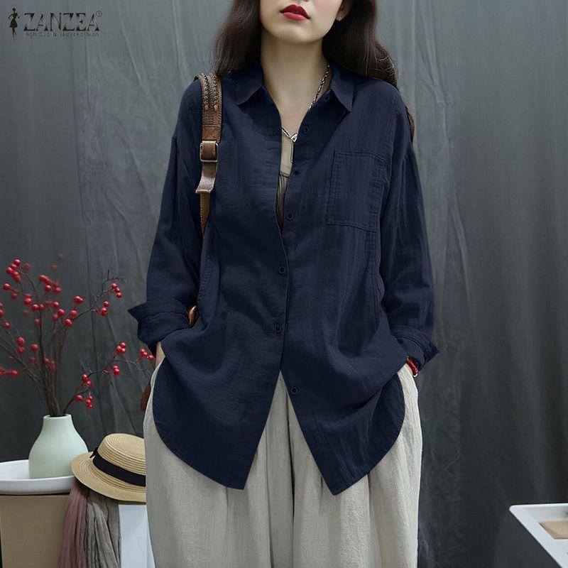 ZANZEA Women Turn Down Collar Loose Casual Long Sleeve Blouse