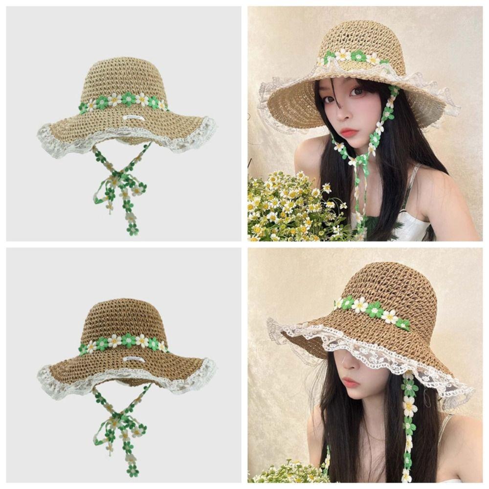 With Garland Big Brimmed Straw Hat Breathable Woven Sun Cap Elegant Vacation Beach Cap  Women