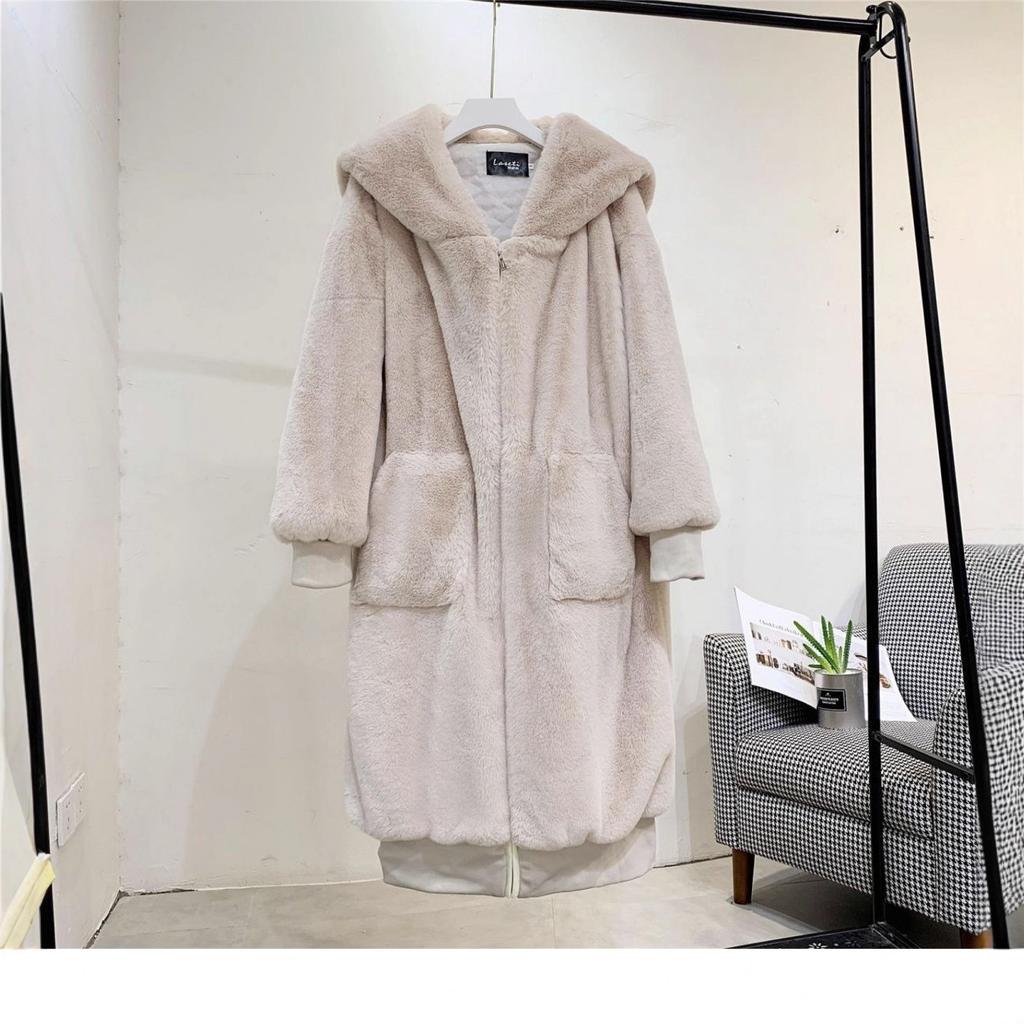 Loose Plush Jacket Women's Imitation Fur Coat Thickened Hooded Long Cotton Autumn and Winter Large Size Black