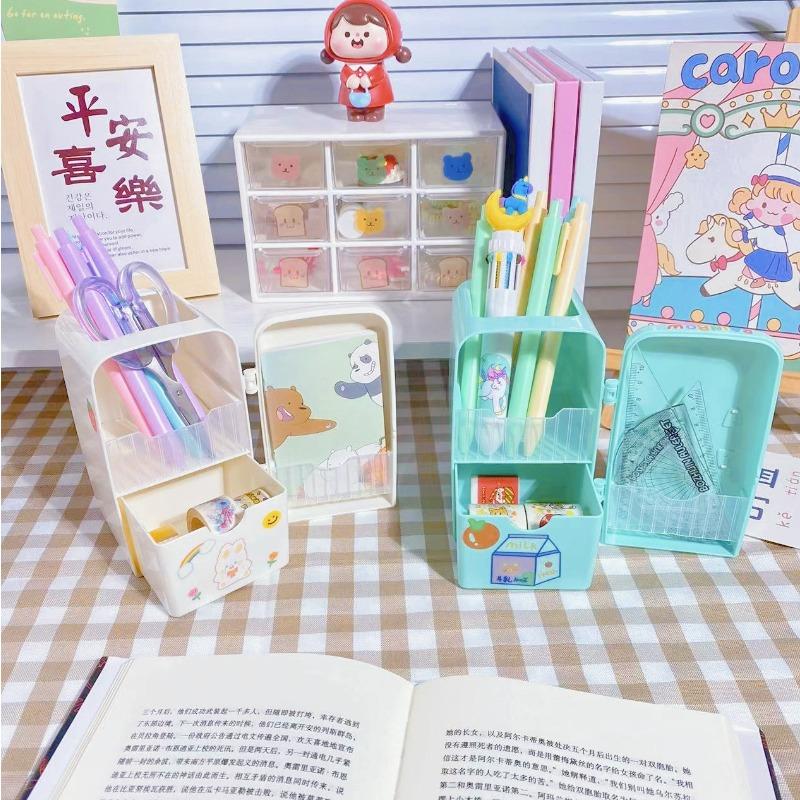 Cute Mini Refrigerator Shape Pen Holder Cartoon Girl Stationery Desktop Organizer Box Capacity Office Storage Free Stickers
