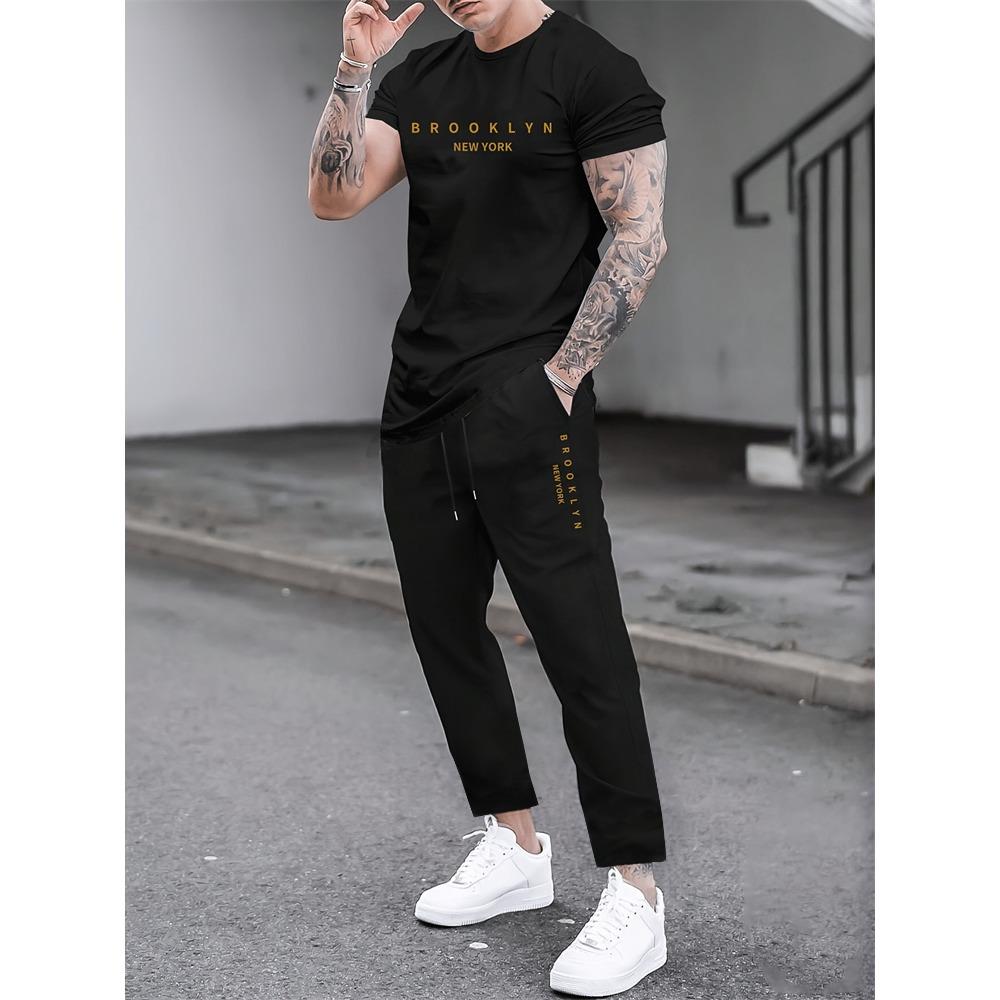 2 Piece Regular Fit Men's Jogger Pants Letter Printed Men's Short Sleeve T-Shirt Set Street Outdoor Casual Fashion Set