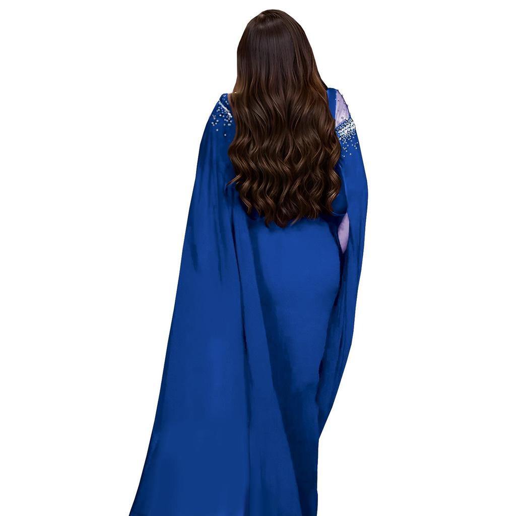 C7280 Suknia wieczorowa z szyfonu, siateczki, koralików i rękawów typu peleryna