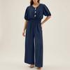 Women's Fashionable Solid Color V-neck  Button Short Sleeved Casual Loose Wide Leg Pants Jumpsuit