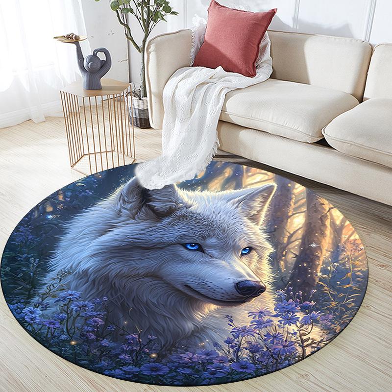 Wolf in Moonlit Round Area Rug,Carpet Rug for Living Room Bedroom Sofa Playroom Decor,Non-slip Floor Mat