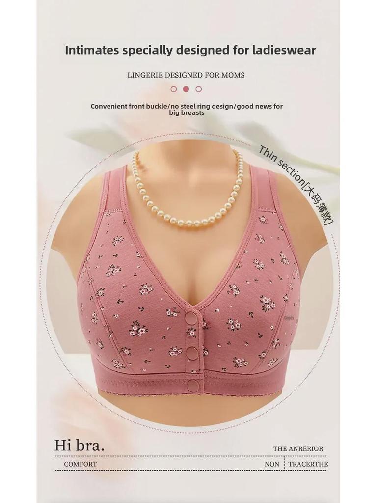 Weicher Baumwoll-BH mit Frontschnalle für Frauen mittleren Alters und ältere Frauen – ohne Stahlring, große Größe, bedruckt, dünnes Westendesign