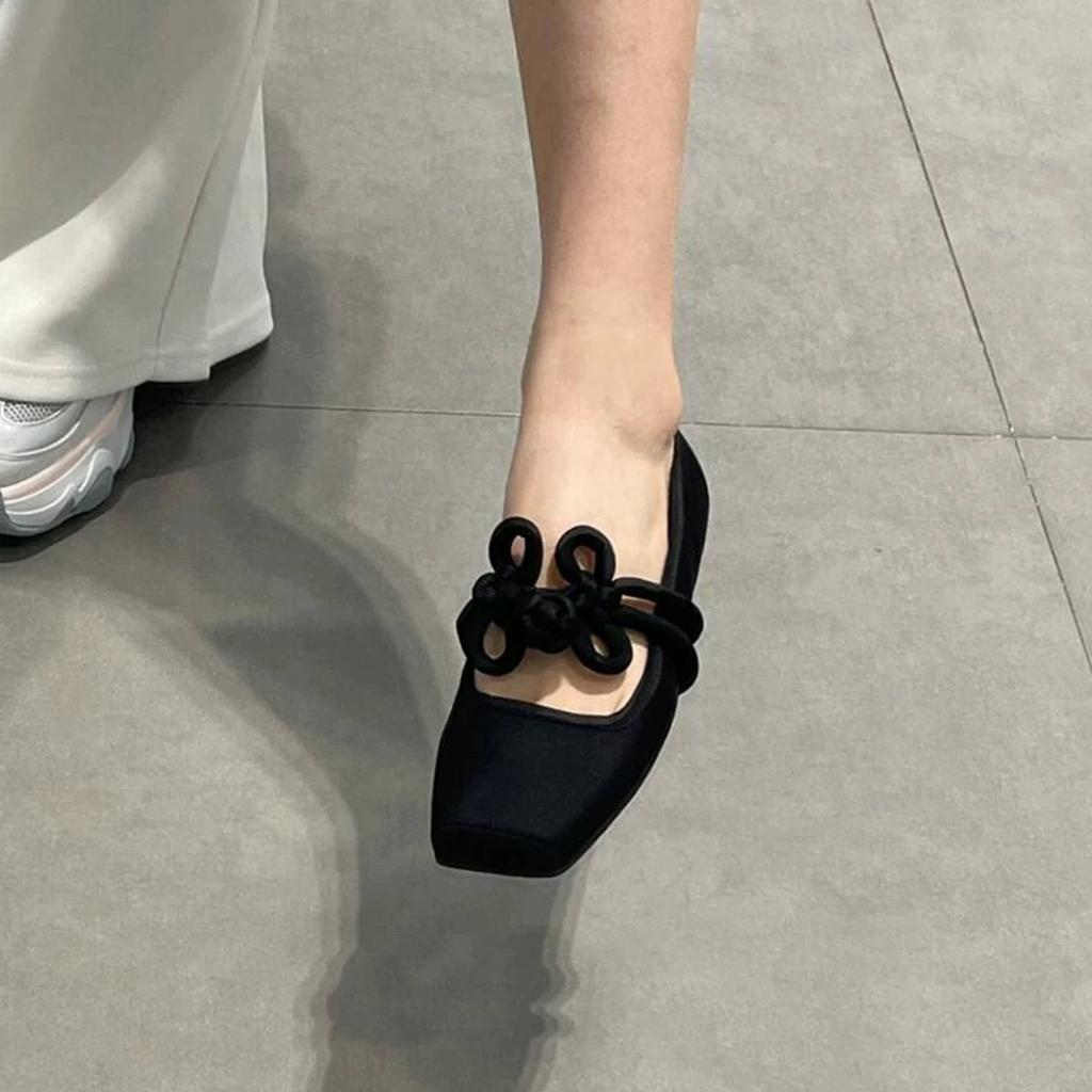 Leather Satin Flat Bottom Shallow Mouth Square Head Single Shoes Women's Spring 2025 Chinese Knot Red Mary Jane Ballet Shoes