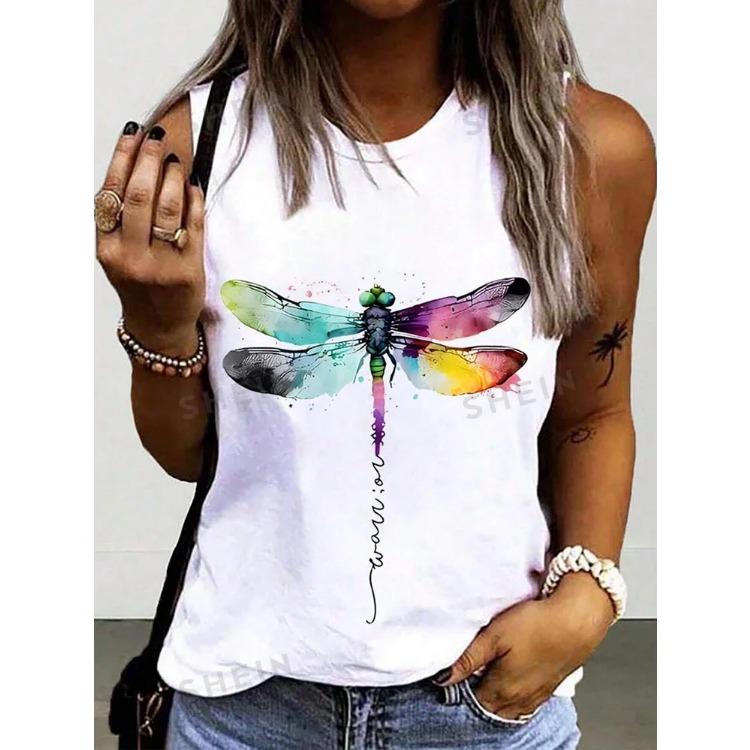 Butterfly Dragonfly Pattern 3D Print Women's Tank Tops Summer O-Neck Casual Vest Off Shoulder Sleeveless Top