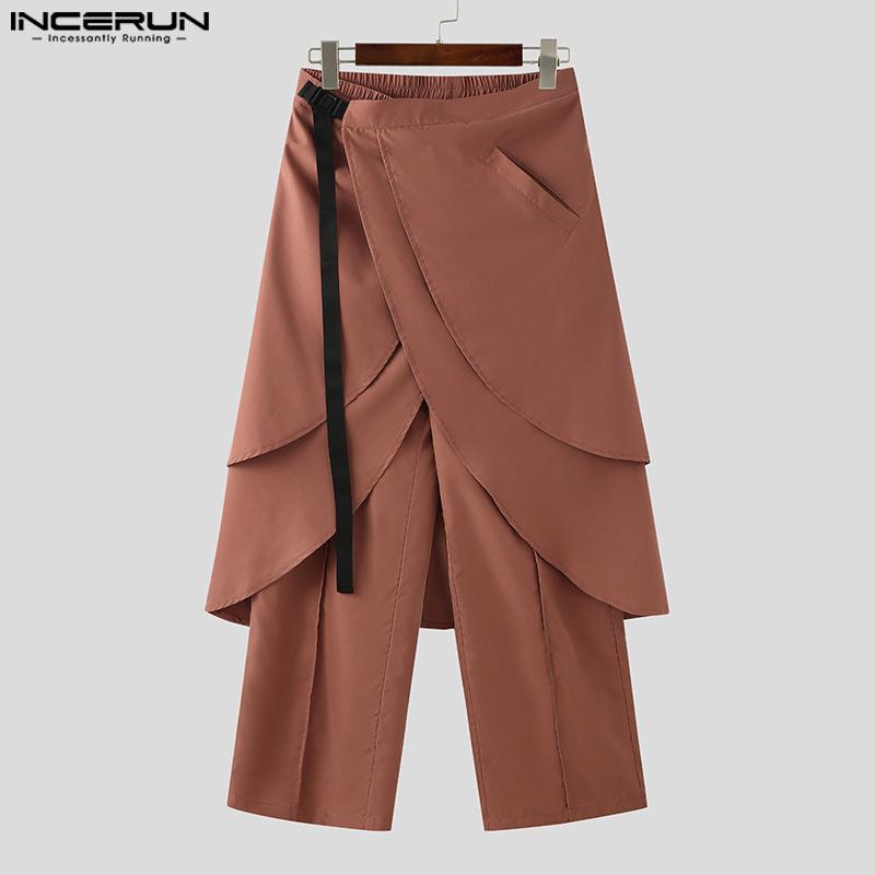 INCERUN Men Elastic Waist Layers Ruffled Pants Casual Irregular Long Trousers
