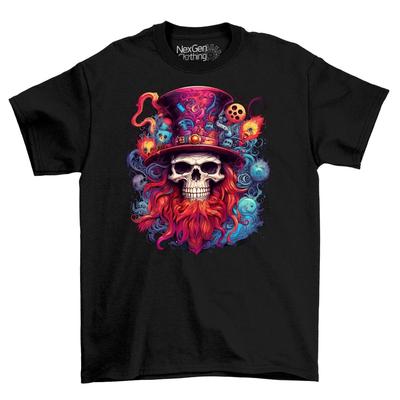 Psychedelic Steampunk Skull Beard T Shirt Top Unisex S Black Cotton Unisexs Goth Fantasy Dark