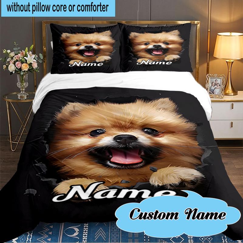 Custom Name 3PCS Pomeranian Through Hole. Bedding Set Including 1pc Duvet Cover And 2pcs Pillowcases for Bedroom, Dormitory Gift Home Decor
