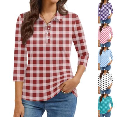 Dammode Casual Revers Kort 3/4 Ärm Tryck Skjorta Dam Knäppning Toppar