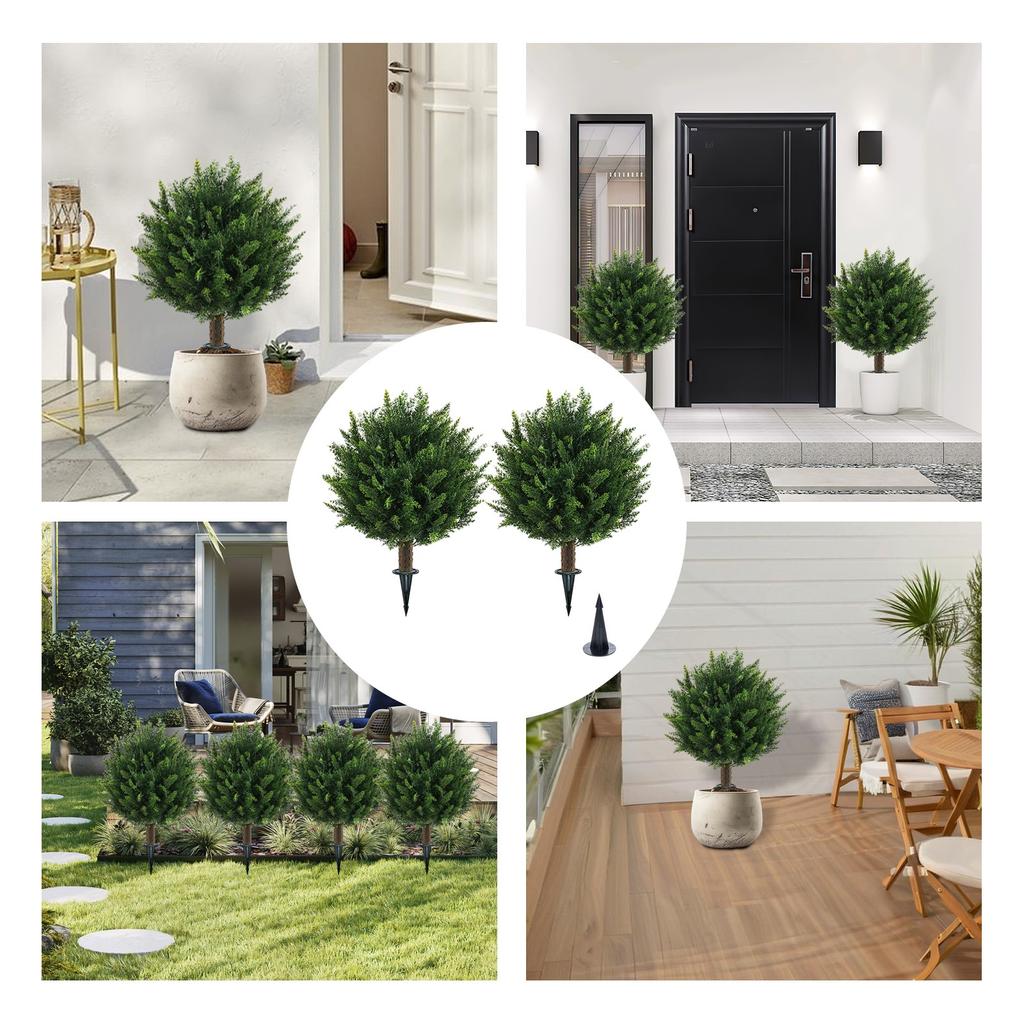Artificial  Topiary Outdoor Plants With Spike, 2 Pack Faux Cedar Bushes UV Resistant Fake Shrubs For Front Porch Décor