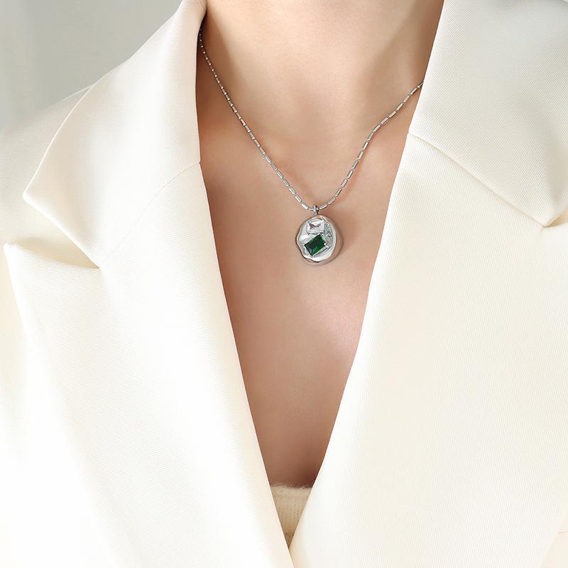 Green & White Zircon Irregular Round Pendant with Bamboo Joint Chain - European & American Style Fashion Necklace