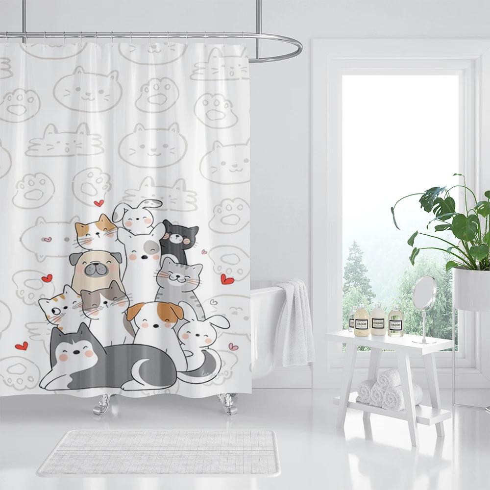 Cat Printed Shower Curtain Color Cartoon Lovely Animal Bear Polyester Fabric Hanging Curtains Bathroom Bathtub Decor with Hook