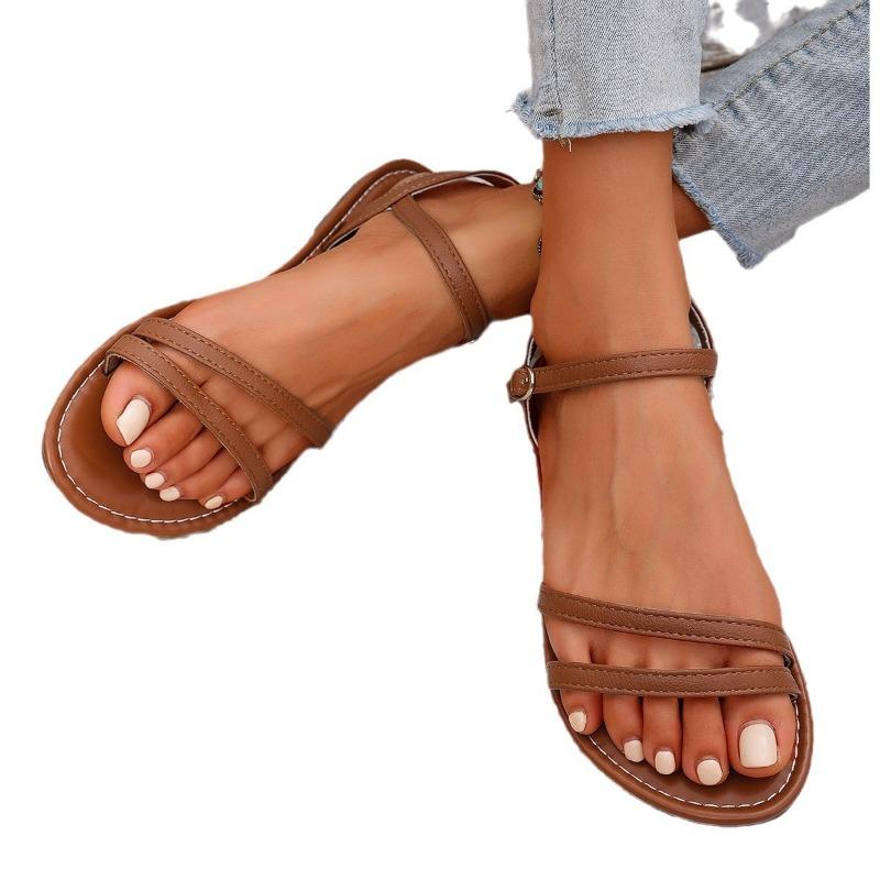 Flat-soled sandals women's summer new round head open-toe one-word buckle belt fashionable large-size women's shoes