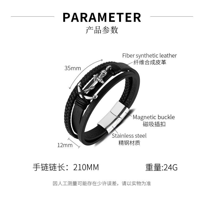 OPK Factory Cross-border Personalized Leather Bracelet Men s Fashion Trend Versatile Titanium Steel Boat Anchor Multi-layer Woven