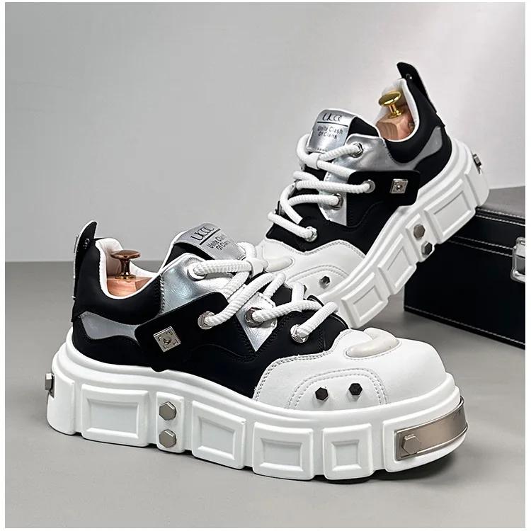 Fashion Autumn New Men's Work  Low-top Casual Shoes Korean Rivets Shoes Men White Breathable Plate Shoes Platform Non-slip Sneakers