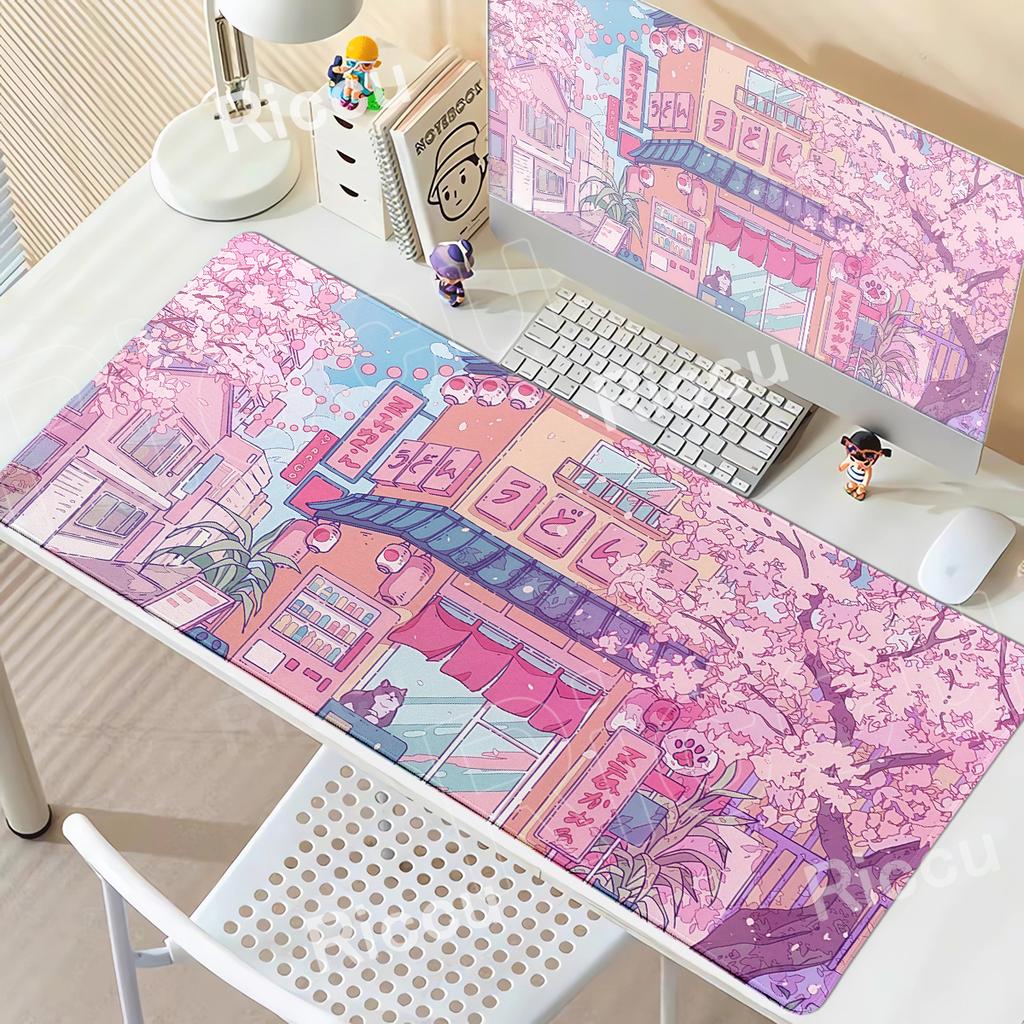 Anime Cat Mouse Pad Pink Cherry Blossom Street Landscape Mousepad Gaming PC Cabinet Mousemat Office Desk Accessories XXL Deskmat
