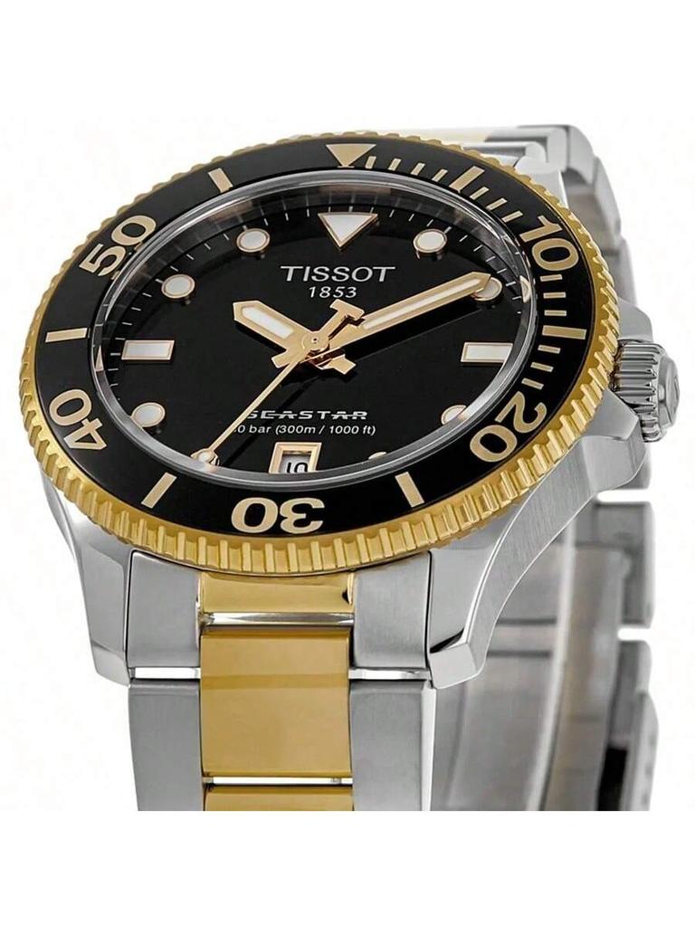 Tissot Quarzwerk, 300m wasserdicht, Unisplendour Schweizer Uhr, 36mm schwarzes Zifferblatt, Edelstahl goldbeschichtetes PVD-Gehäuse, T120.210.22.051.00