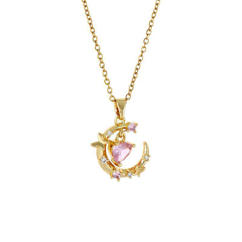 Korean Style Pink Heart & Butterfly Moon Necklace - Clavicle Chain Gift for Best Friend's Birthday