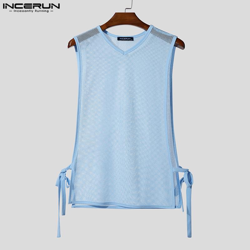 INCERUN Vară Bărbați Fără mâneci Șiret lateral Gol Vezi prin Maiouri de plajă