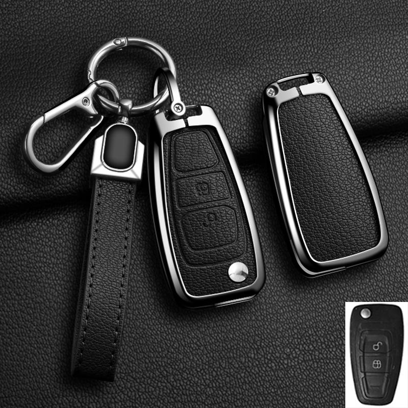 Alloy Genuine Leather Auto Flip Key Fob Cover Case Fit For Ford Fiesta Ranger C-Max S-Max Focus 3 4 Galaxy Mondeo Transit Tourneo Custom Mk4