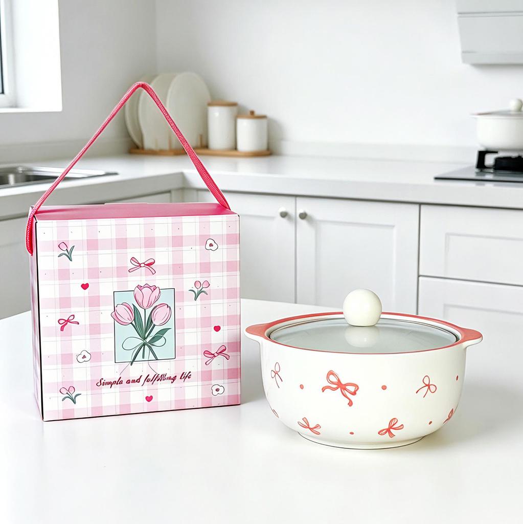 Girly Heart Tulip Ceramic Double-Ear Soup Bowl, Large Capacity, High Temperature Resistant, Ideal for Instant Noodles and Luosifen.