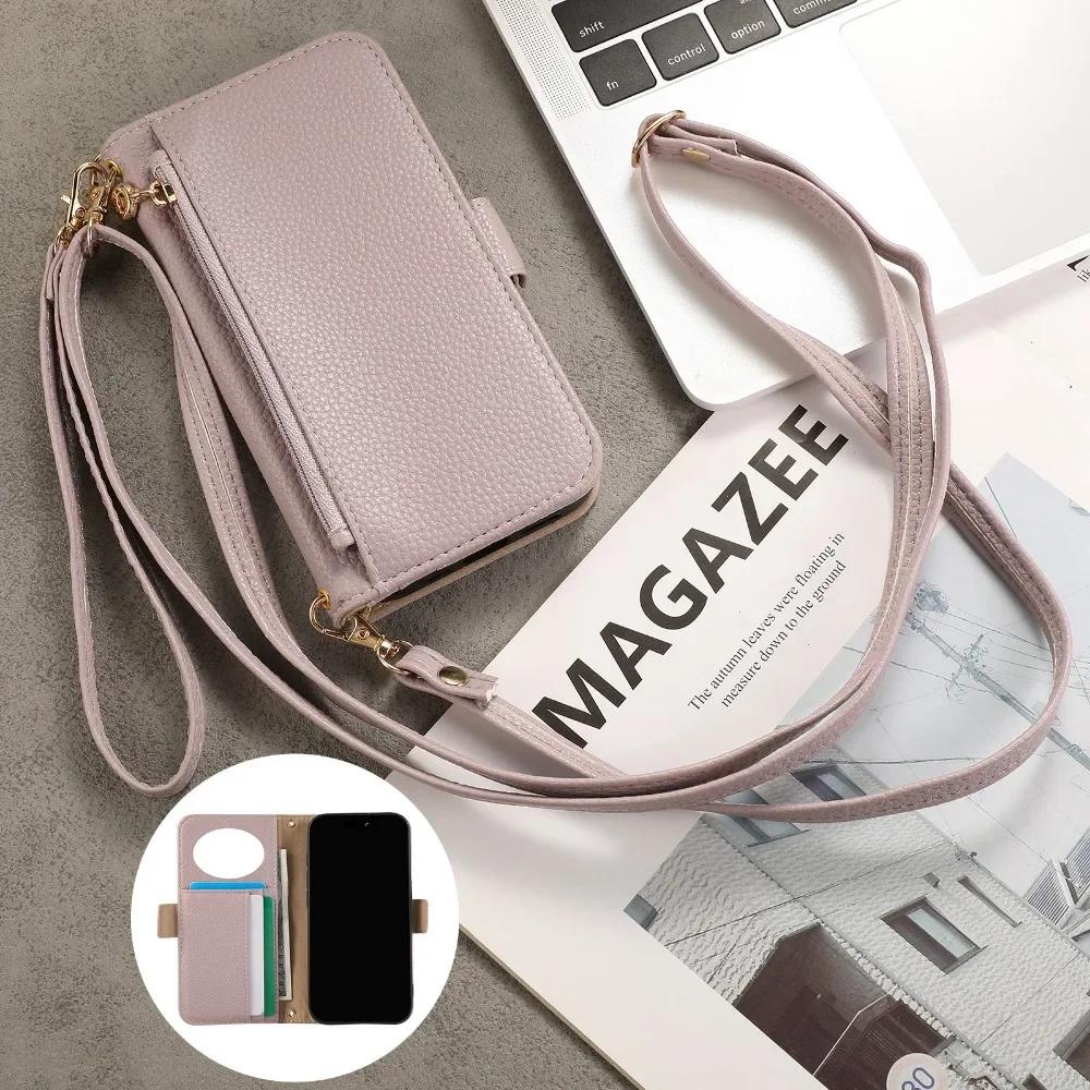 Crossbody Wrist Strap Zipper Wallet Card Slots Holder Phone Case for IPhone 16 15 Plus 14  13 12 11 Pro Max Mirror Leather Cover