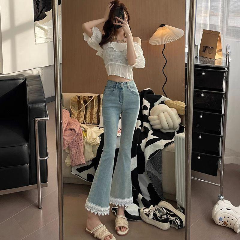 

Кружево Кружево Микро Клеш Джинсы Женские Летние Милые С высокой талией Узкие Клеш Брюки Девятиминутки Ретро Высокая талия Уличный стиль Мешковатые Длинные Джинсы для Дам M