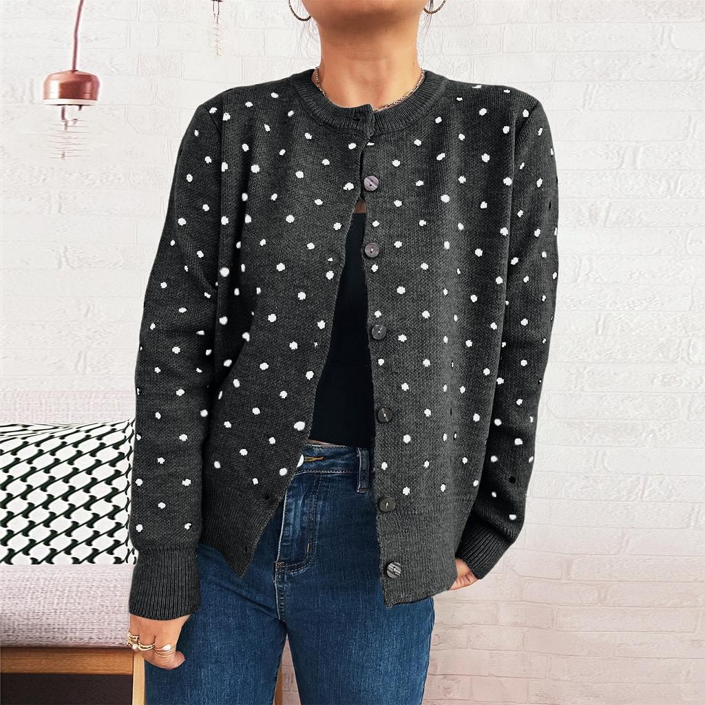 Women's Fashionable Casual Loose And  Polka Dot  Round Neck Long Sleeved Knitted Cardigan Sweater Jacket