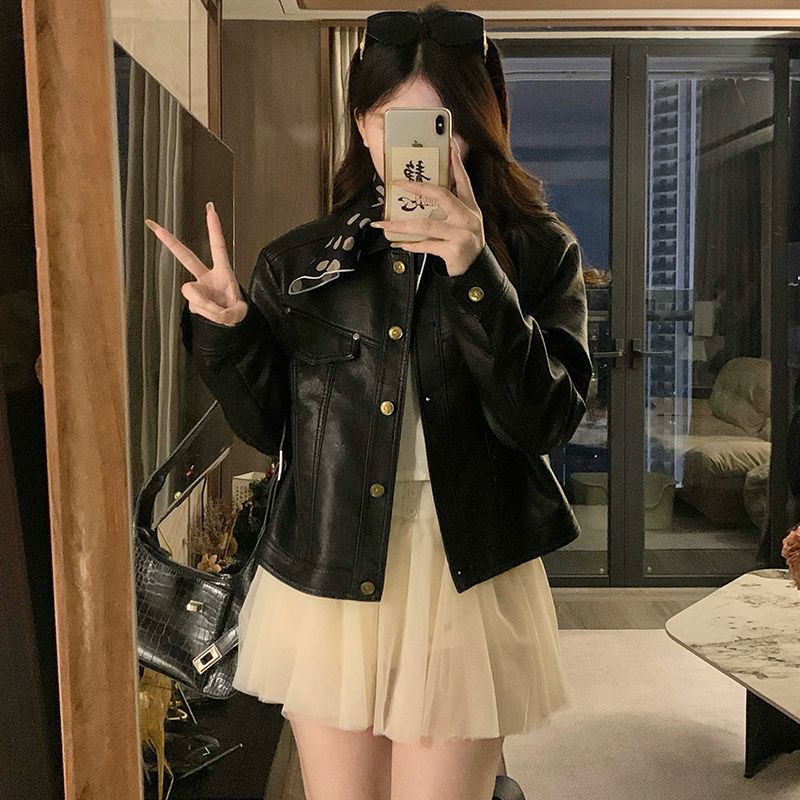 Kumikumi High Sense Retro Black Leather Coat Outerwear Women Autumn Loose Slimming Temperament Lapel Jacket Top