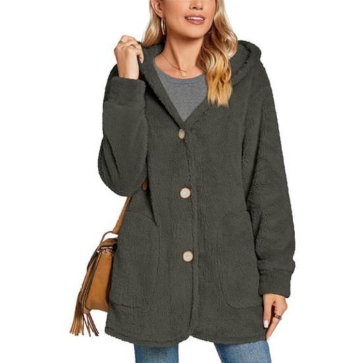 Manteau Long Décontracté en Polaire pour Femme Veste à Capuche Sherpa Oversize avec Poches Bouton Duvet Vêtement d'Extérieur Moelleux