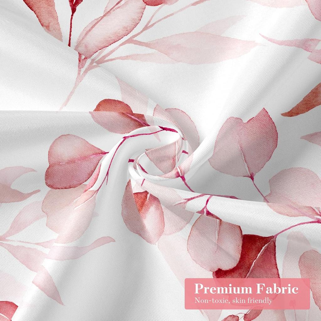 Pink Spring Floral Shower Curtain, Watercolor Eucalyptus & Botanical Plants, Modern Chic Bathroom Decor With Hooks