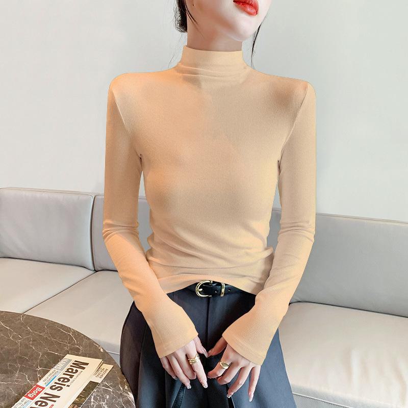 Women's Ribbed Half-High Collar Long-Sleeve Knitted Shirt for Autumn & Winter