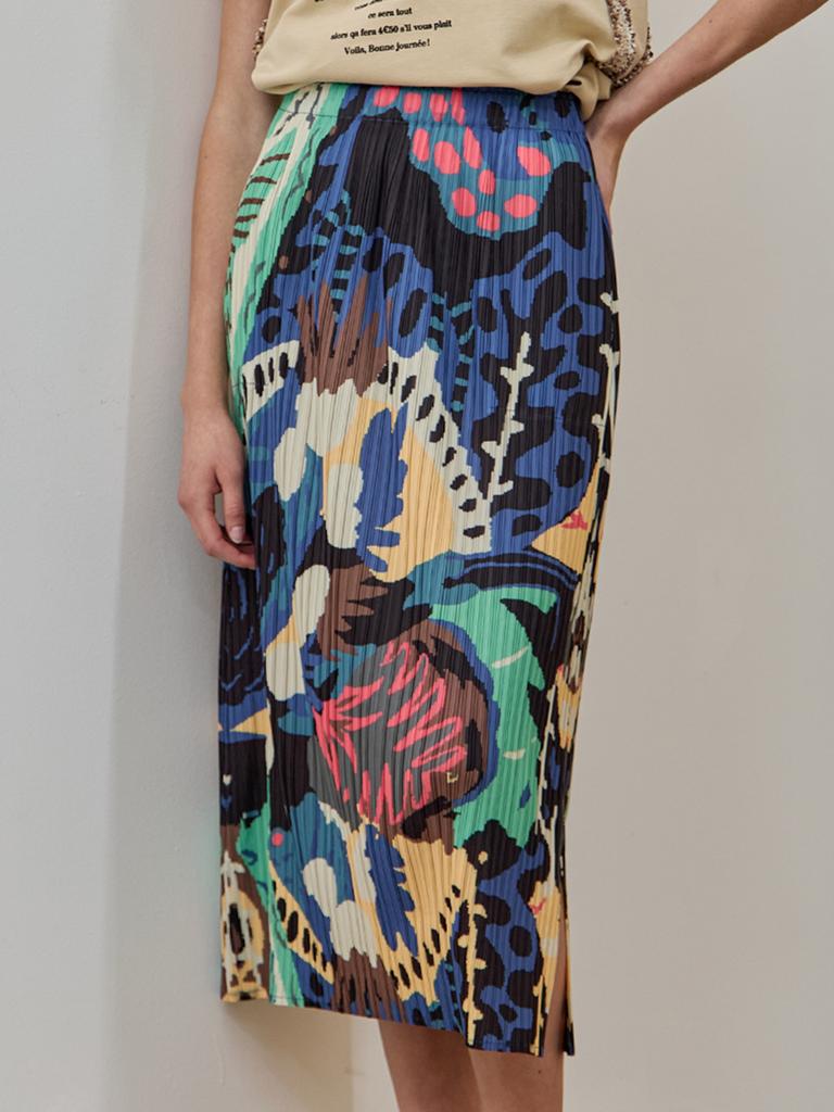 Maja Tropical Graphic Pattern Elastic Banded Pleated Long Skirt