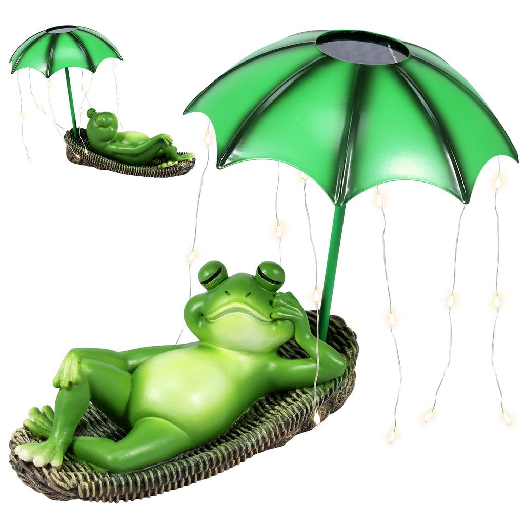 Solar LED Lights Statues Garden Decor Frog Umbrella Waterproof Resin Sculpture Cute Funny Creative