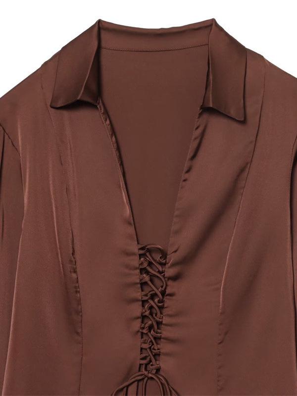Kadınlar İçin Zarif Vintage Saten V Yaka Bağcıklı Uzun Kollu Üst