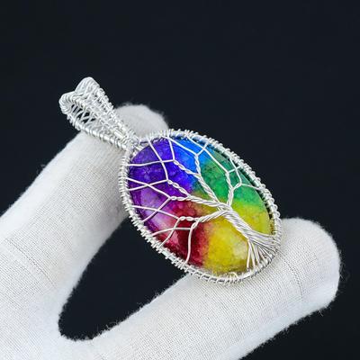 Rainbow Solar Pendant Natural Gemstone Handmade 925 Sterling Silver Pendant, Wire Wrapped Jewelry, Wire Wrapped Pendant Tree Of Life Jewelry