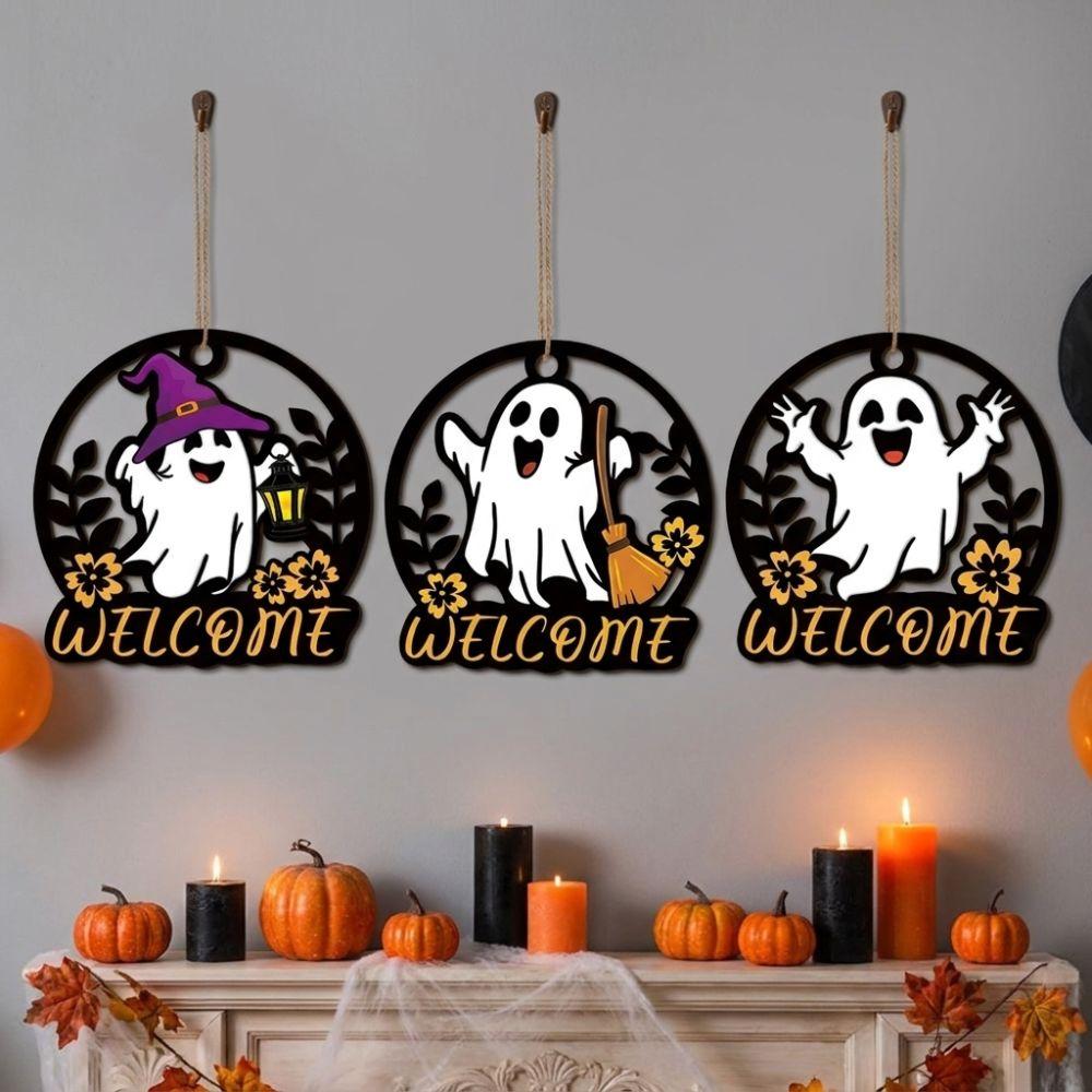 Round Halloween Ghost Door Hanger Hollow Out Ghost Hanging Plaque Garden Yard Decor